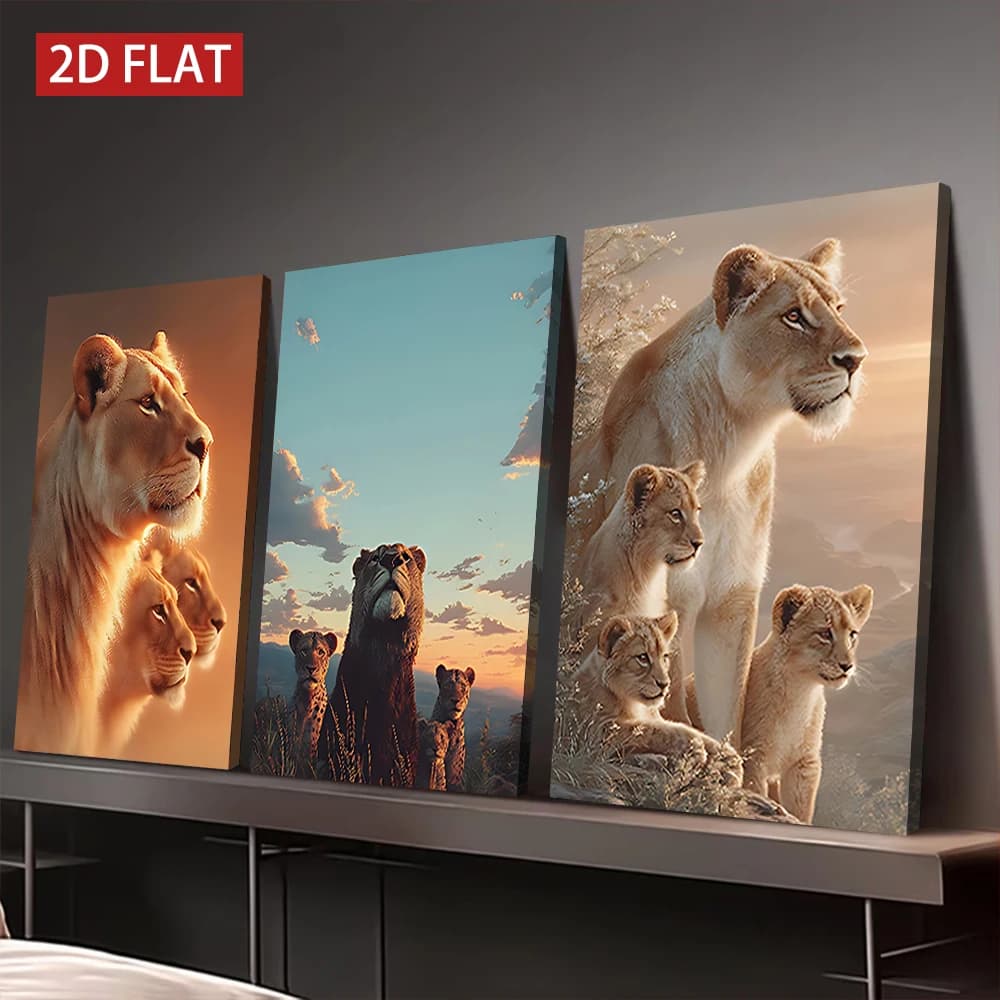 Set di 3 Quadri su Tela con Cornice in Legno, Stampa su Tela Ritratto di Famiglia di Leoni, Decorazione Murale Moderna per Soggiorno e Ufficio