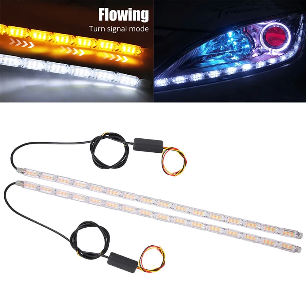 2 pieces DRL LED Strip flexible daylight waterproof white yellow driving light flowing direction indicators for motorcycle car