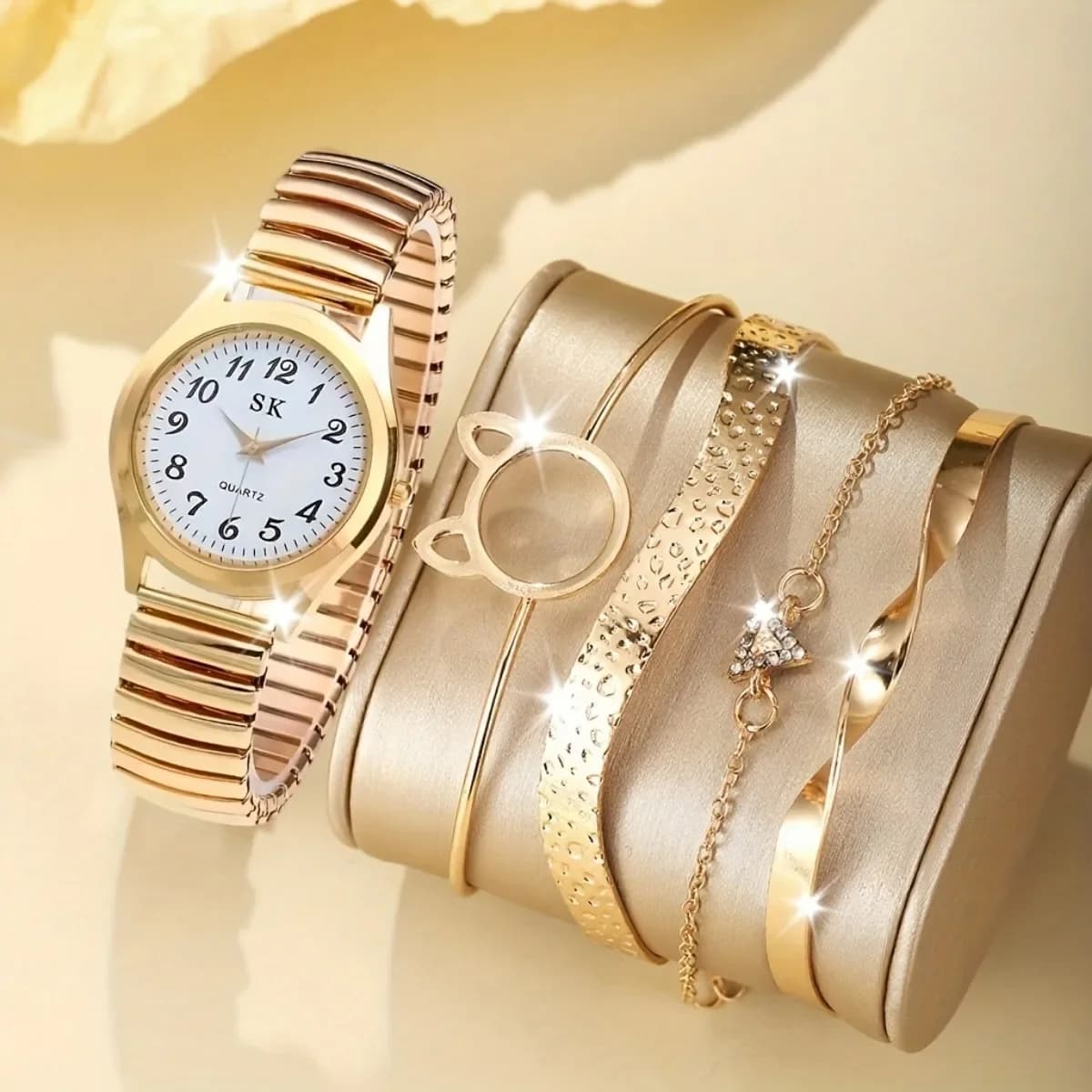 5PCS Fashion Small Roma Dial Women Quartz Watch Bracelets Set Elegant Elastic Band Ladies Wristwatch Reloj Mujer（Without Box）