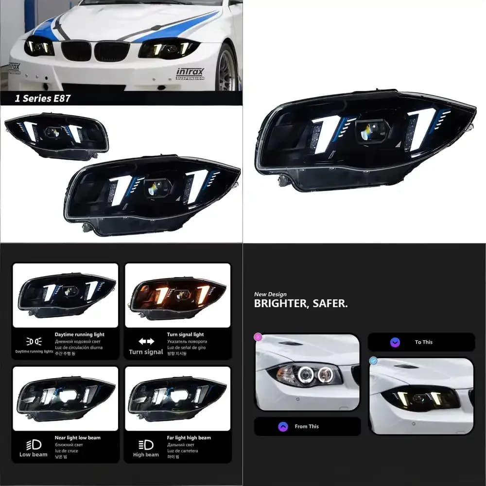 For 1 Series E87 Headlight Assembly 12V 04-11 Model Modification Fangs Two-Color Daytime Running Light Lens LED