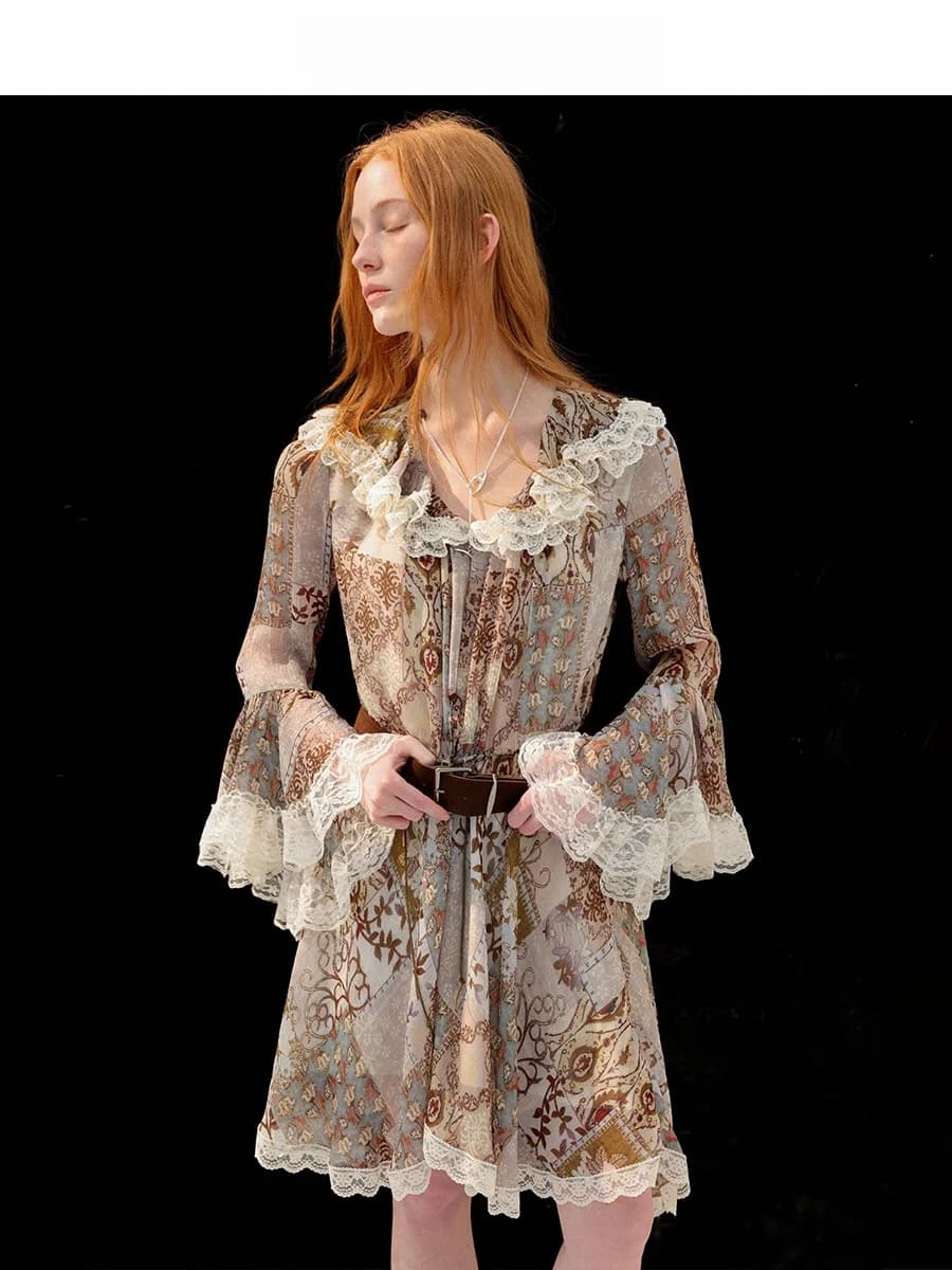Bohemian Print Lace Trim Midi Dress Vintage Women's Spring Summer Floral Bell Sleeve Loose Waist A-Line Skirt Polyester Fabric