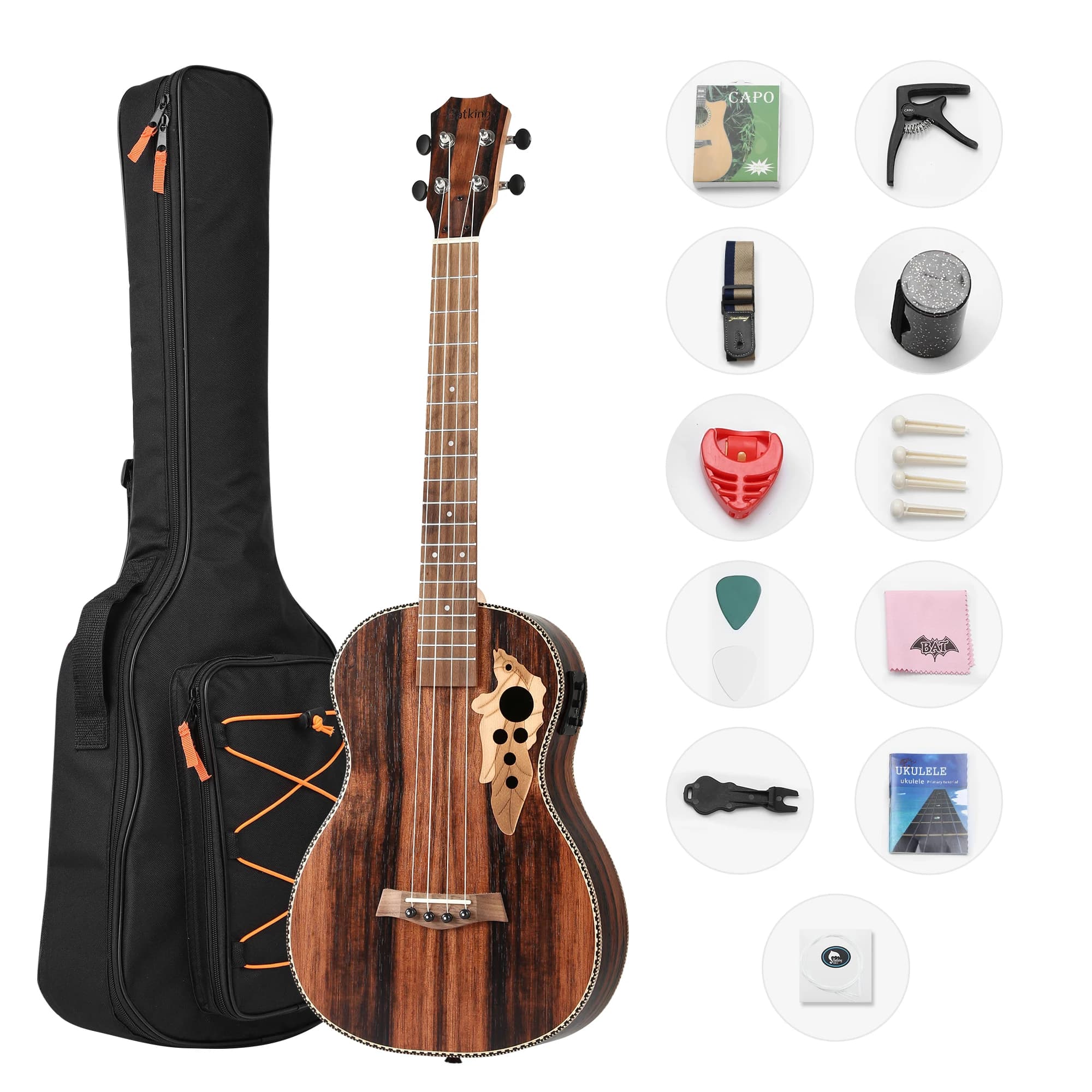 Ukulele elettrico sinistro con baritono in legno nero da 30 pollici con asta a traliccio con EQ con borsa da concerto, cinturino, corda in Nylon