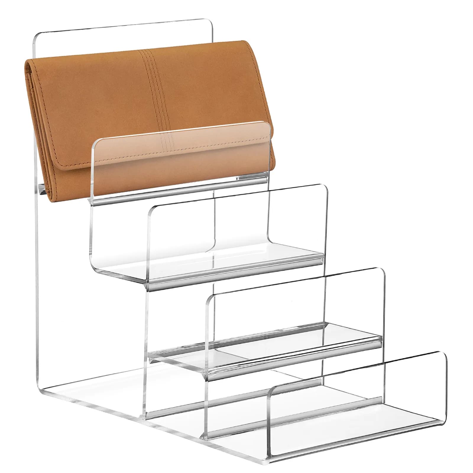 Espositore in Acrilico Trasparente a Quattro Livelli, Design Trapezoidale per Organizzazione di Occhiali e Gioielli, Scaffale Rialzato per Negozi e Casa