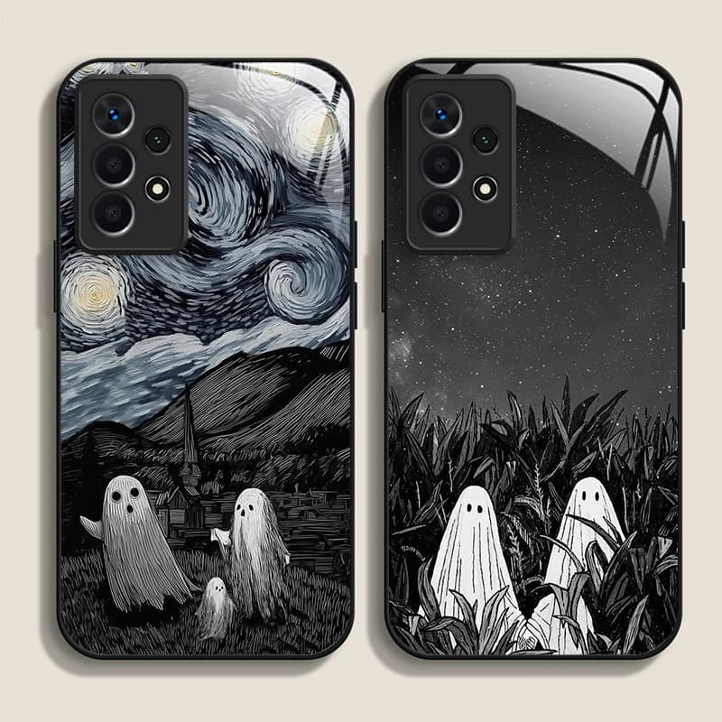 Tempered Glass Phone Case with Ghost Abstract Artistic Pattern for Samsung Galaxy S25 Ultra S24 S23 Plus S22 S20 FE A56 5G Cover
