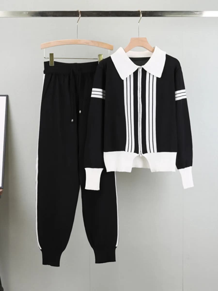 Leisure Sports Long Sleeve Women's 2 Piece Pants Suit Autumn Winter New Lapel Collar Zipper Cardigan + Long PantsTwo-piece Set