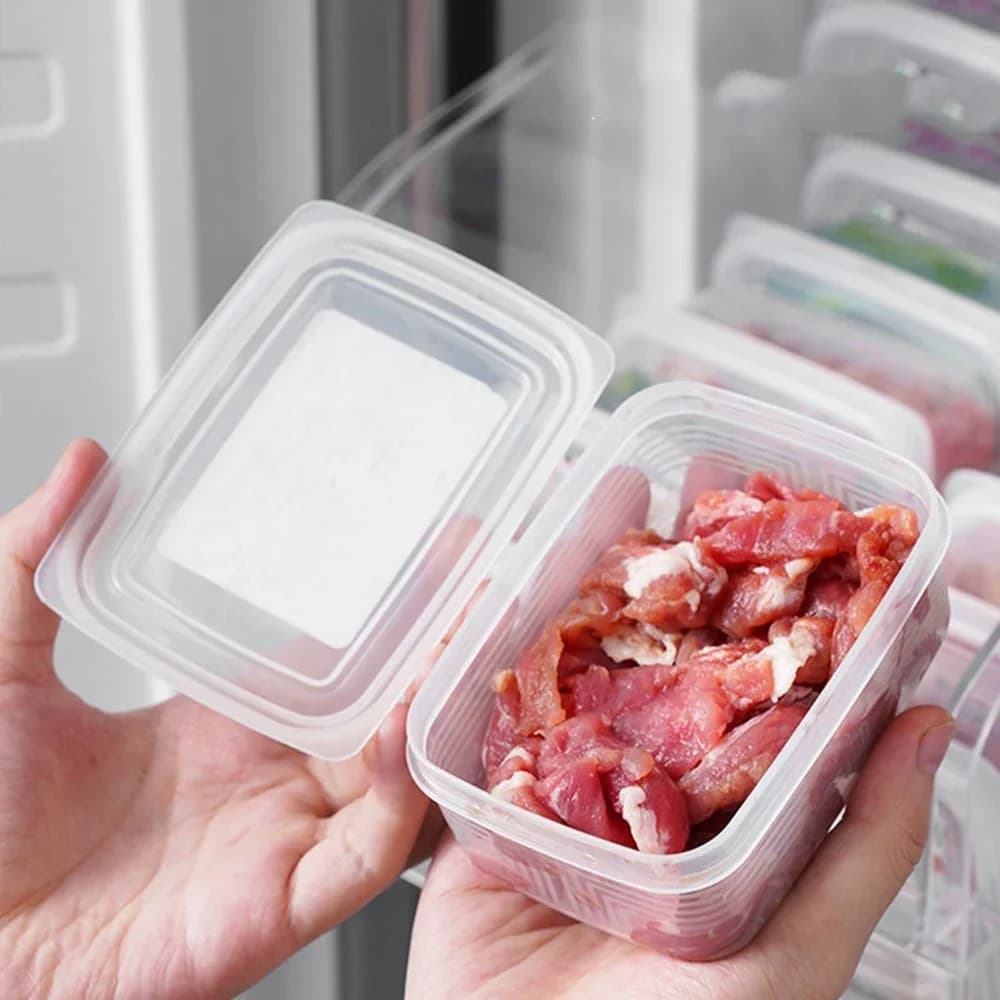 Contenitore per Frigorifero a 1 Scomparto, Scatola per Conservazione di Alimenti, Verdura e Frutta, Organizer per Frigo con Cestello Scolapiatti, Contenitore Trasparente per Carne, Cipolle e Zenzero