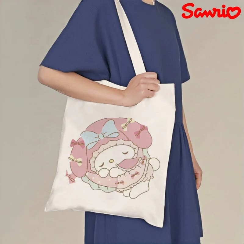 Borsa tote in tela Sanrio My Melody Sleep, borsa a tracolla casual con stampa carina, borsa riutilizzabile ecologica