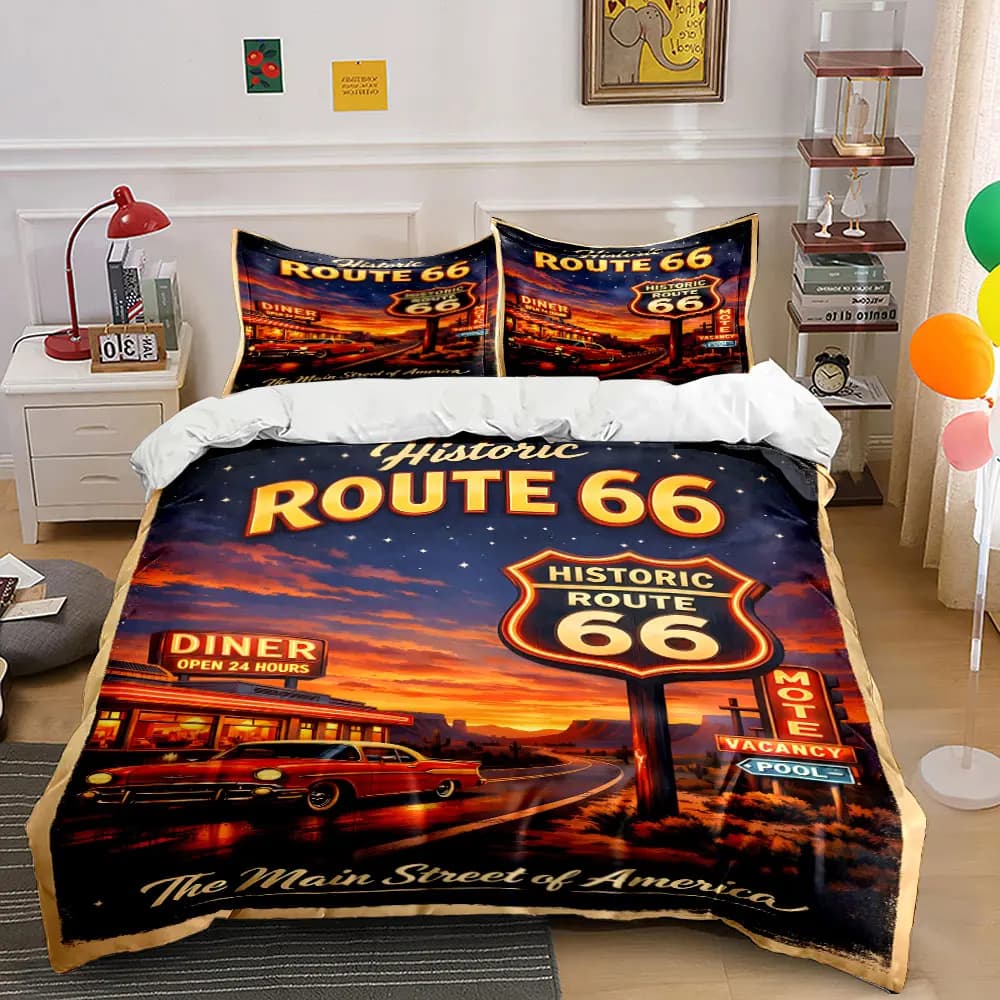 Set copripiumino con motivo Nostalgic Night on Route 66, biancheria da letto in poliestere colorato con stampa digitale e chiusura con cerniera, per regali per bambini