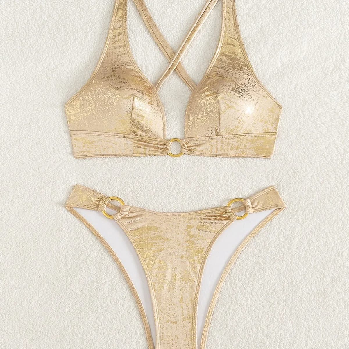 Gold metallic sexy bikini with glitter, set two pieces, swimsuits with laces on the back, beachwear, conjunto de bikini, biquini