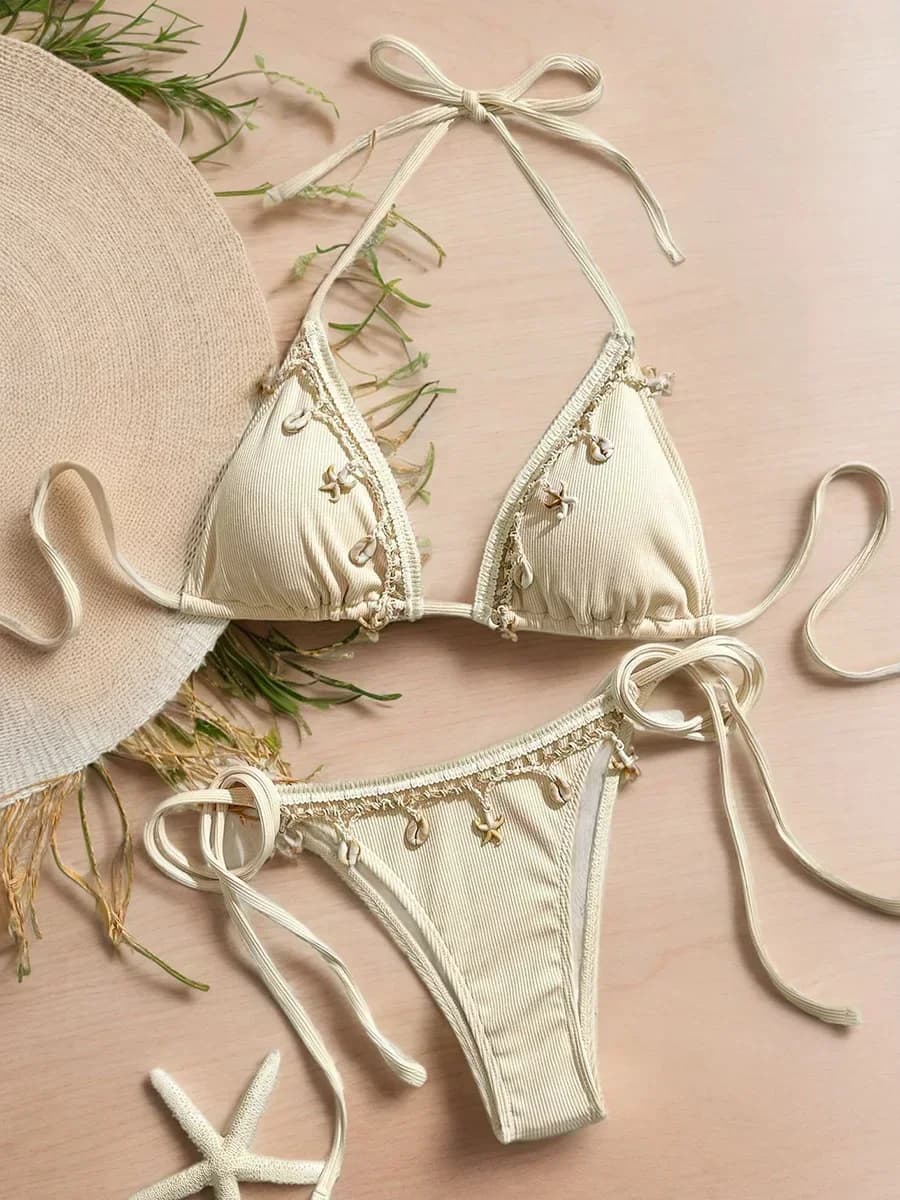 Decorazione a conchiglia Bikini a costine Costumi da bagno donna Costume da bagno femminile Bikini a due pezzi Costume da bagno con spalline Halter Swim Lady