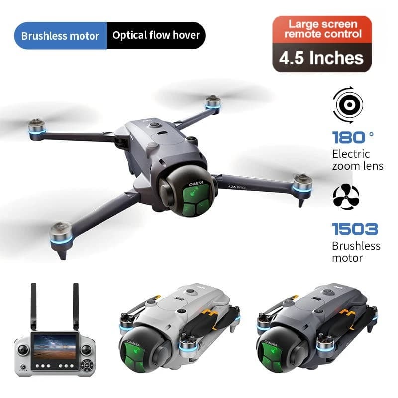 Drone Brushless A26 con GPS, Schermo Grande da 4,5 Pollici, 1080P FHD, Rotazione a 360° ° Quadricottero RC con Sistema Intelligente di Evitamento Ostacoli
