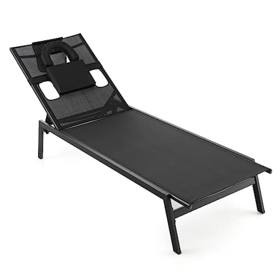 Patio Tanning Lounge Chair with Face Hole and Side Holes, Outdoor 5-Position Reclining Chair with Detachable Head Pillows, Outd