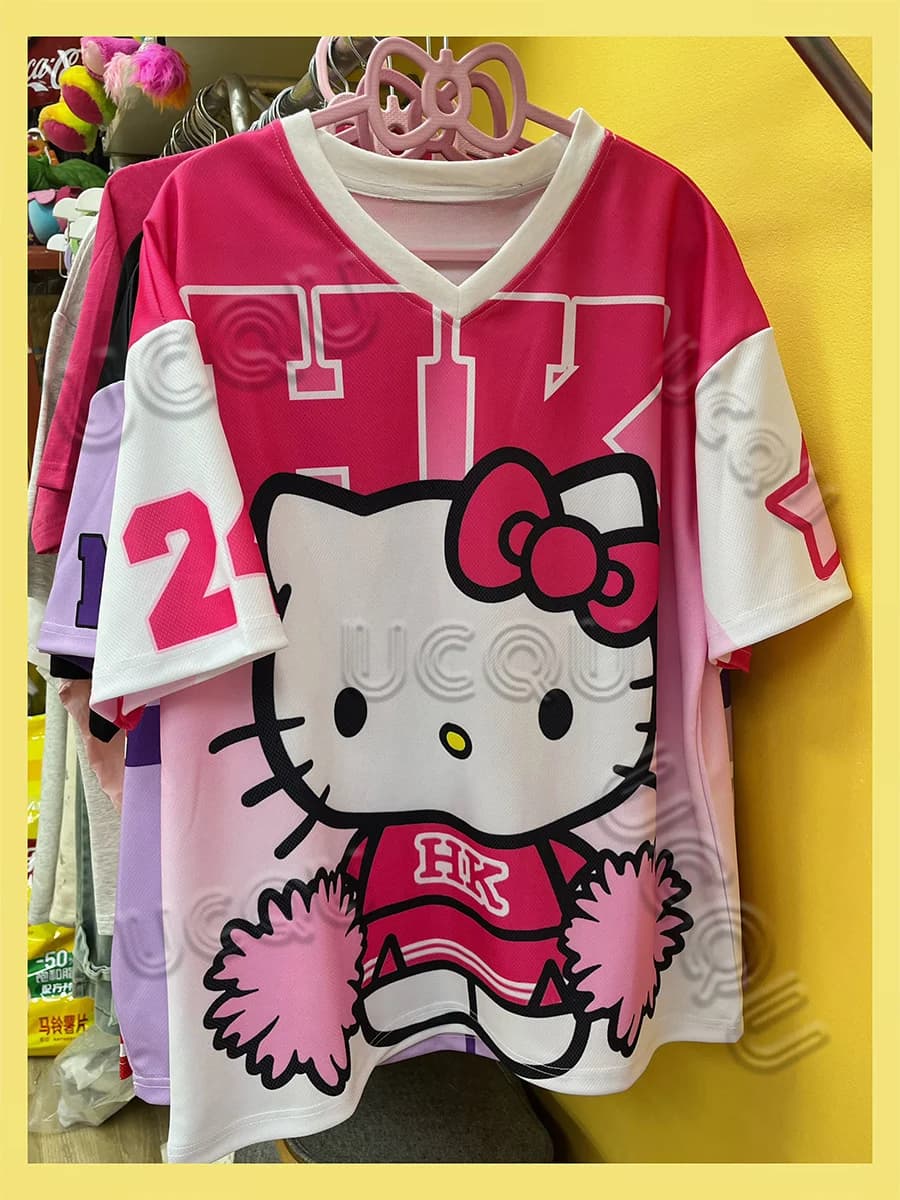 Cartoon Hello Kitty Tshirt Cartoon Sportswear Donna Uomo Pigiama con scollo a V Allentato Casual Leggero e traspirante Top streetwear