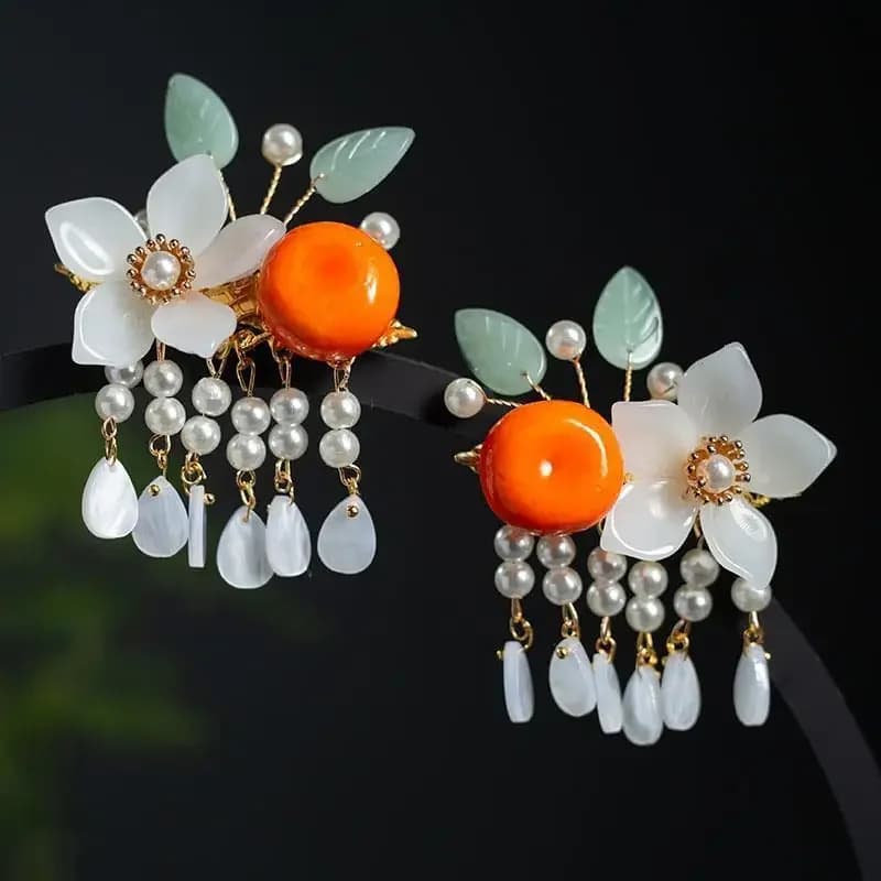 Forcine per capelli Hanfu da ragazza - Fermagli per capelli tradizionali cinesi con nappe arancioni, graziosi accessori per capelli in stile antico