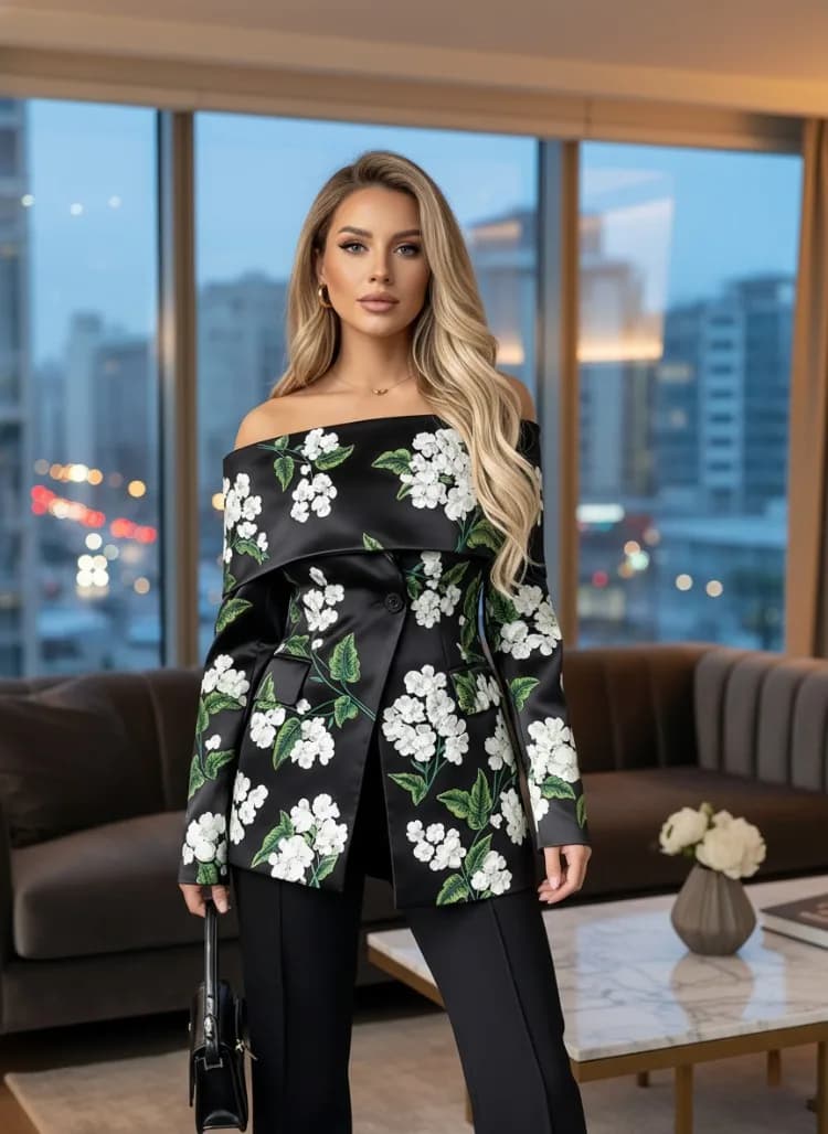 UOOZEE Office Lady Formal Evening Thin Blazer Elegant Off-Shoulder Floral Printed Long Sleeve Suit Jacket Party Outerwear 2026