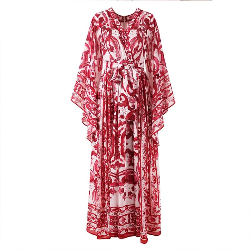 Abito da vacanza con stampa in porcellana rossa blu e bianca abito estivo Vintage Bohemia cintura allentata con lacci da donna abito lungo Vestido