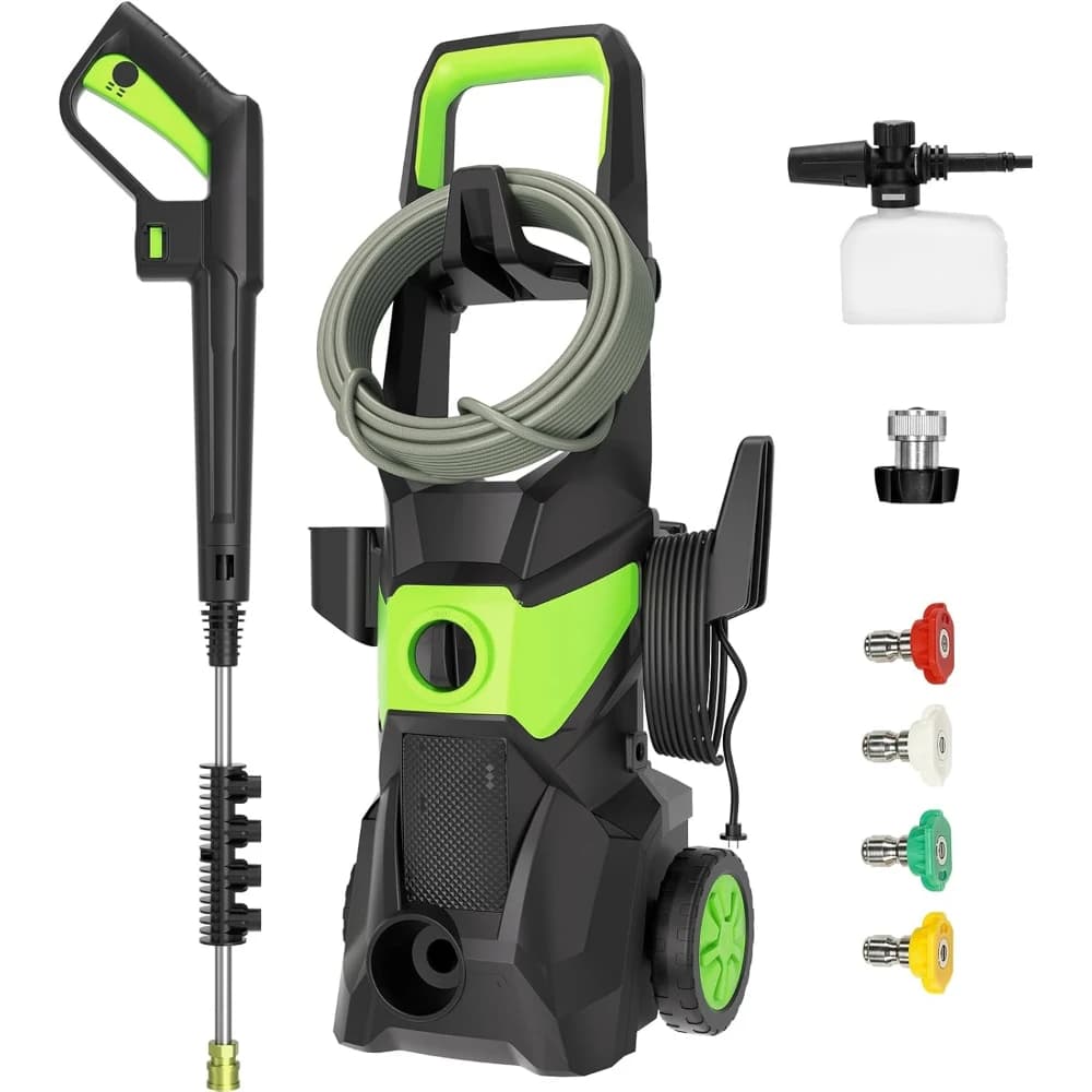 Idropulitrice Elettrica 3000PSI con Tubo a Pressione da 10m, Cavo di Alimentazione da 10m, 4 Ugelli, Bottiglia Schiuma da 450ml per Pulizia Auto, Recinzioni, Patii e Vialetti