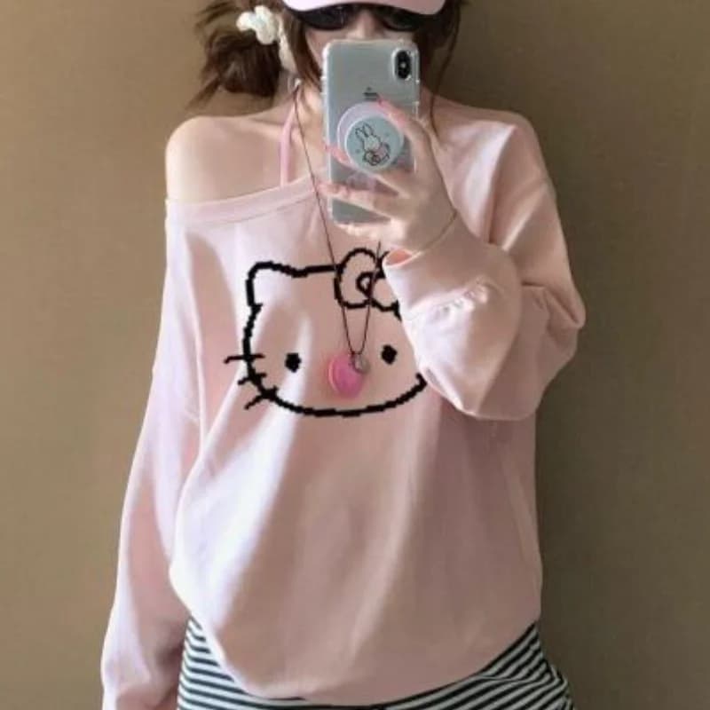 Sanrio Hello Kitty Women's T-shirt, top with uncovered shoulders, cotton blend, autumn winter, casual, cute printed with cartoons, Korean style
