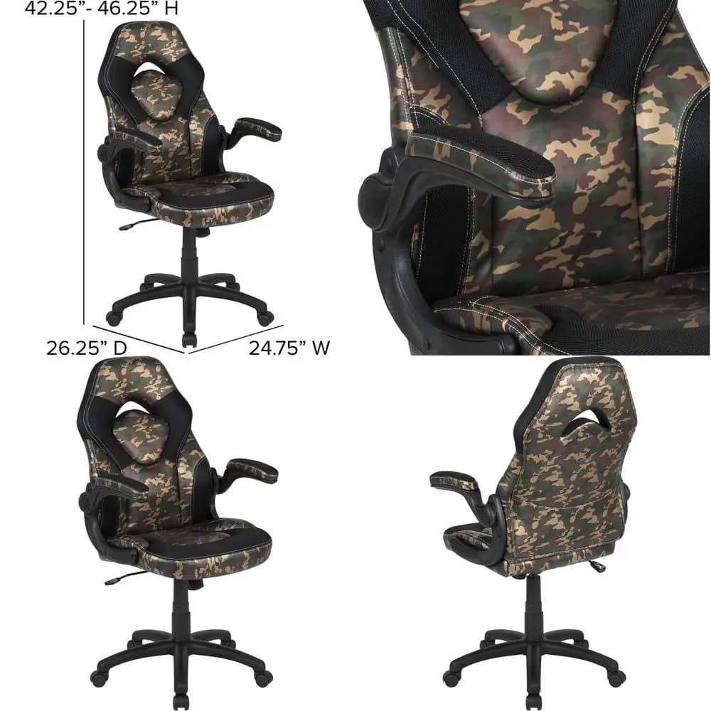 Sedia da Gaming Ergonomica Girevole con Braccioli Regolabili, Seduta in Pelle Mimetica/Nera
