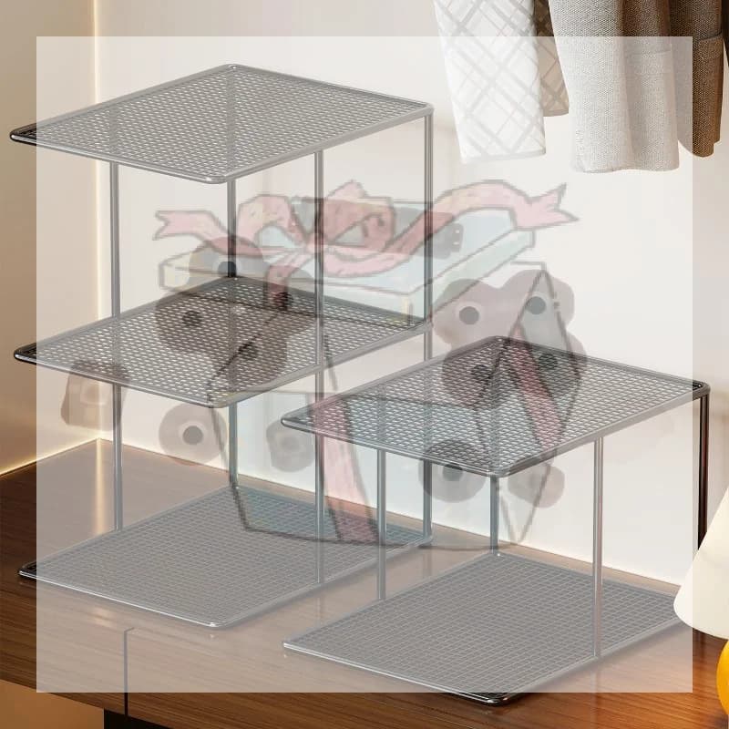 【CC】Stackable Metal Mesh Closet Shelf Organizer Multi Tier Storage Rack For Wardrobe Cabinet