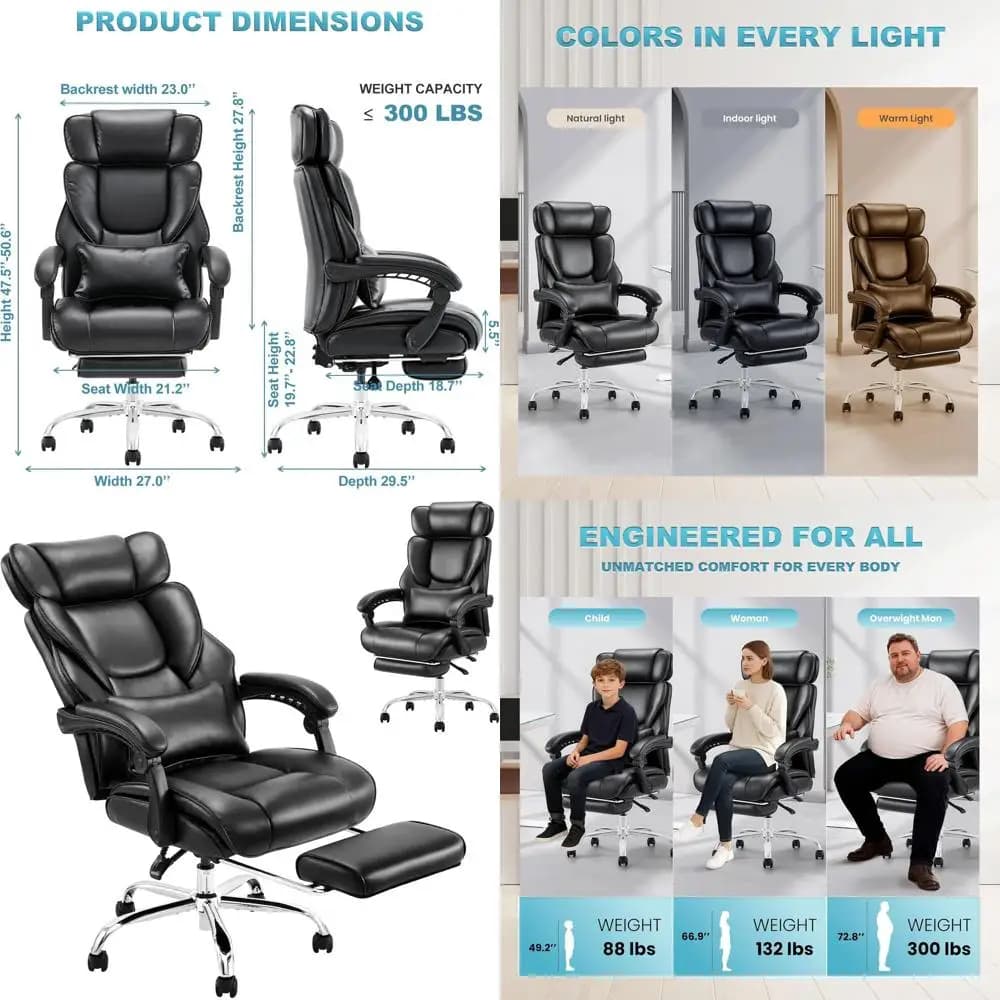 Sedia da scrivania ergonomica con schienale alto, poggiapiedi retrattile, funzione reclinabile e supporto lombare, in pelle spessa, nera