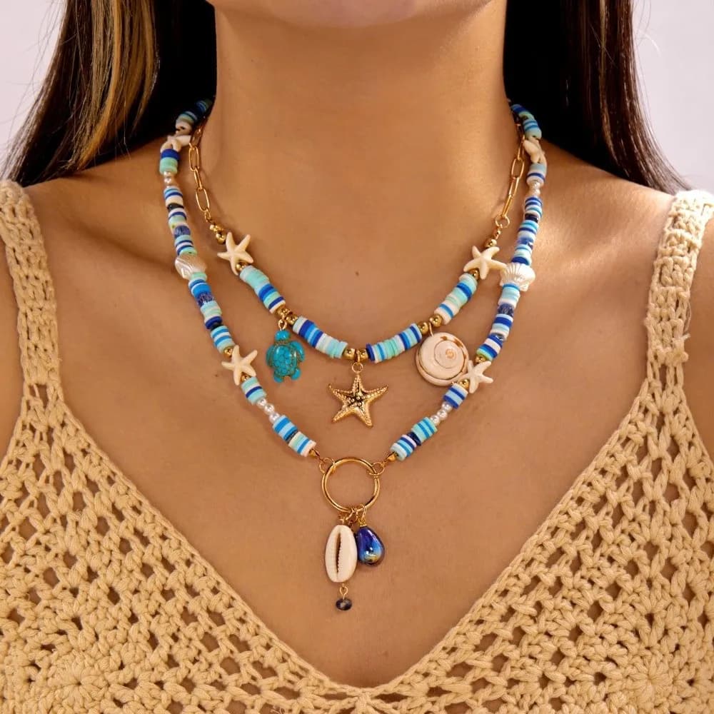2/3Pcs Bohemian Beaded Pendant Necklace Clown Fish Multilayer Polymer Clay Necklaces Irregular Gravel Colorful Seashell Choker