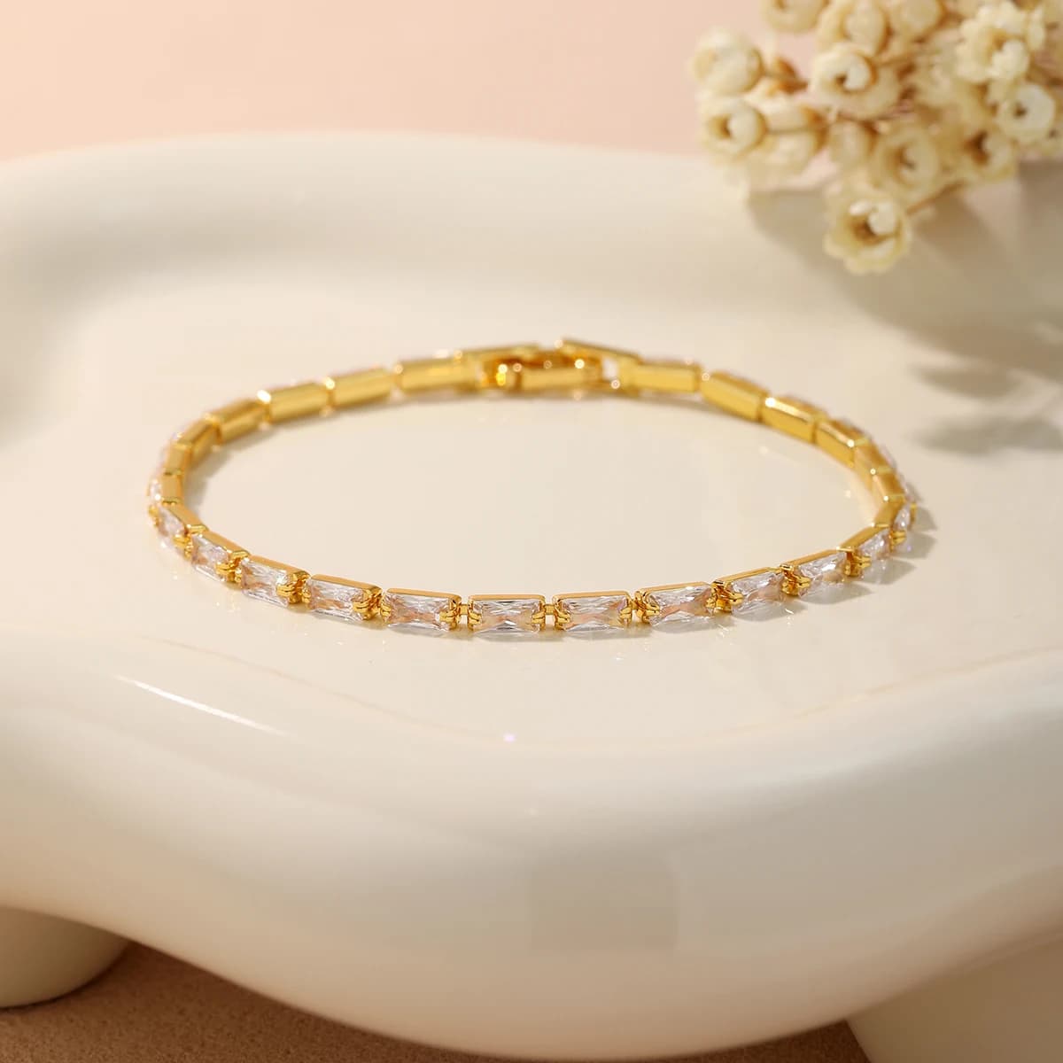 Dainty Shiny Baguette Crystal Tennis Bracelet Minimalist Stackable Bracelet Romantic Anniversary Gift for Wife
