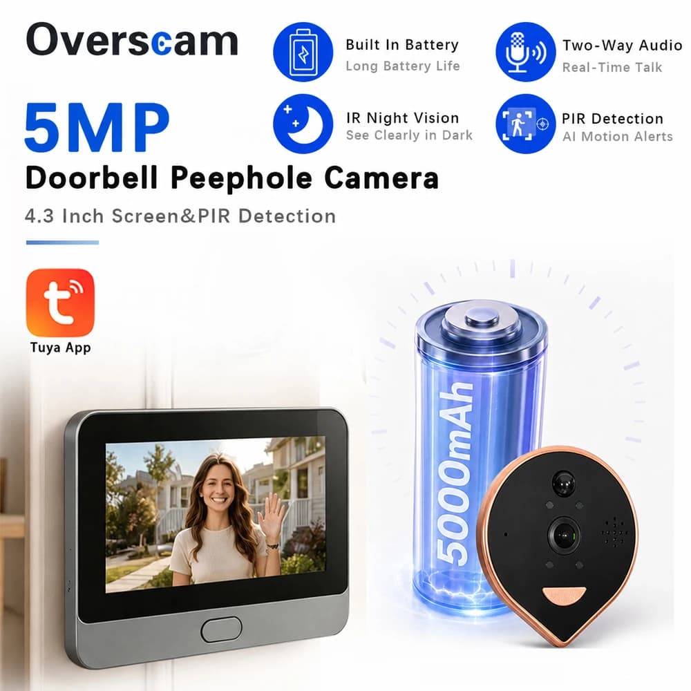 Smart Door Viewer Camera 5MP 4.3 Inch LCD Monitor Tuya WiFi 5000mAh Rechargeable Battery PIR Detection Night Vision Two Way Talk