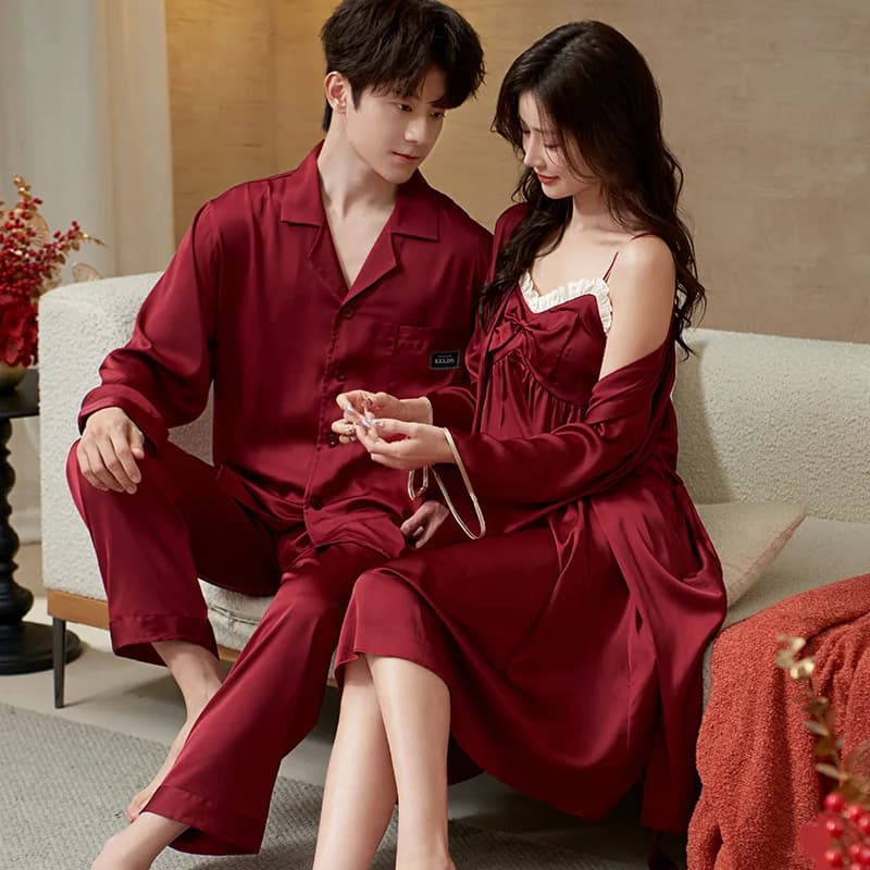 Women 2PC Robe Suit Bathrobe Gown Sleep Set Summer Men Shirt Pants Homewear Casual Couple Sleepwear
