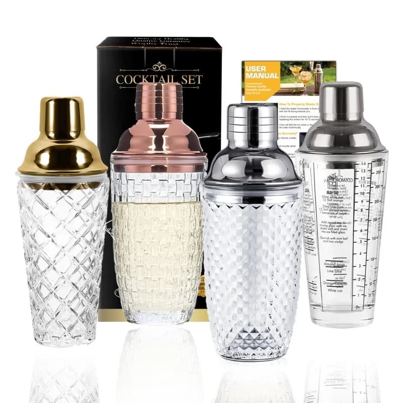 Semplice shaker per cocktail in vetro con coperchio in acciaio inossidabile, filtro intrecciato/modello di ananas, vetro per miscelazione, shaker per cocktail, strumenti per bar in vetro