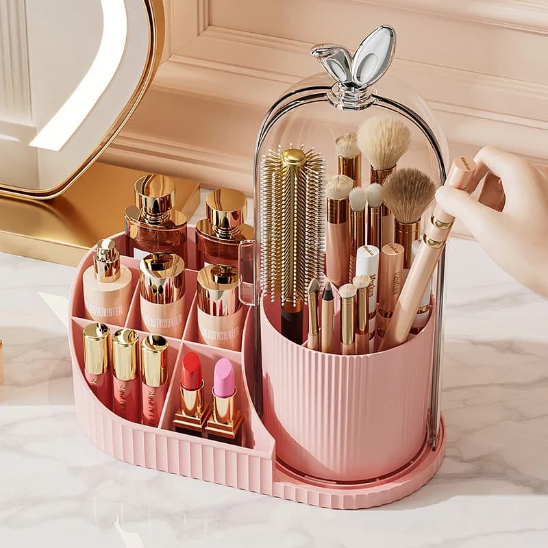 Multifunctional rotating storage box with drawers, toothbrush holder with sliding cover, - 360-degree rotation ° Rotating storage tool, dustproof bathroom vanity storage box, can store toothbrushes, toothpaste, makeup brushes, etc. in multiple compartments, stylish storage tool with a modern design, features a transparent door, efficient toothbrush storage rack, perfect for various scenarios, multi-purpose storage