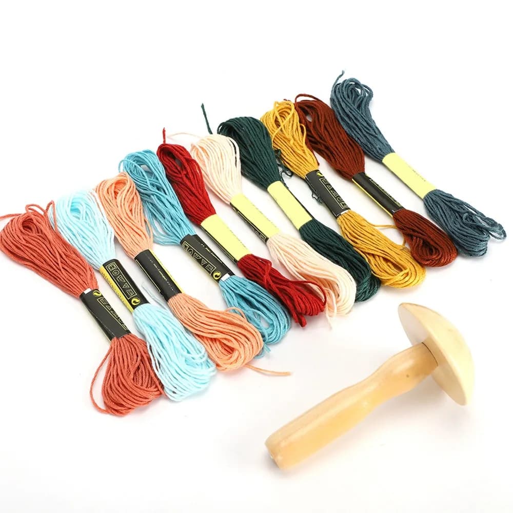 Kit di Forniture per Cucito e Riparazione in Legno Colorato, Fili di Cotone Arcobaleno per Cuciture a Fungo, Filo per Cucito Fai da Te