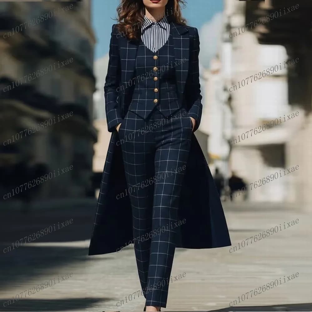 Nuovi abiti da donna con griglia blu navy Lady Business Office Tuxedos Madre Festa di nozze Formale da donna Set da 3 pezzi Giacca Gilet Pantaloni