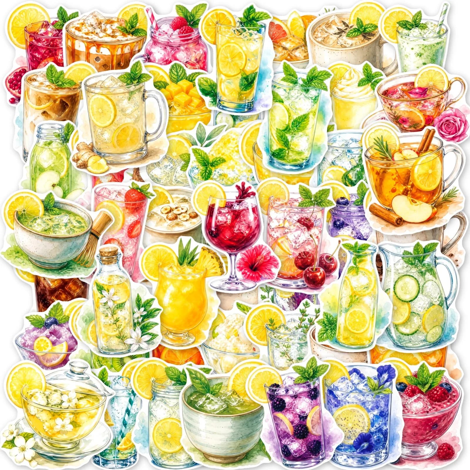 50-Pack Fresh Watercolor Summer Fruit Tea Drink Stickers Waterproof Decorative Decals for Notebook Guitar Luggage And Stationery