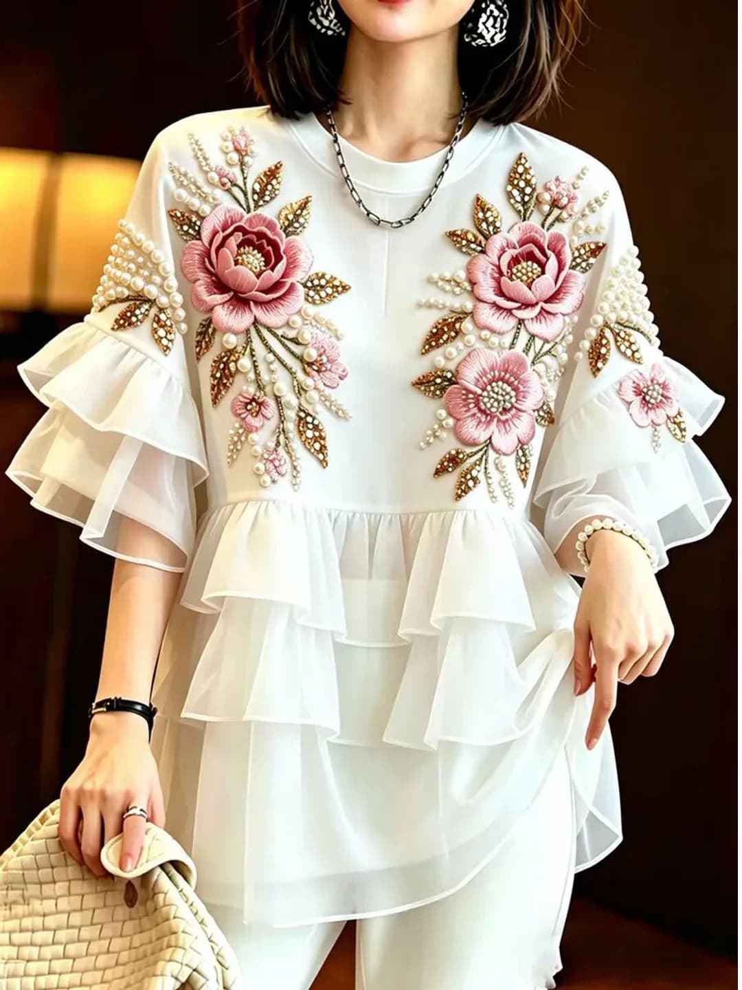 Summer New Design Women's Shirt Bell Sleeve Heavy Work Floral Bead Splicing Lace Commute Style Loose Fit round Neck Top