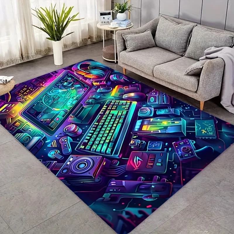 Cyberpunk Gaming Rug Flannel Carpet Esports Keyboard Mouse Neon Area Rug Non-slip Floor Mat for Bedroom Living Room Decor