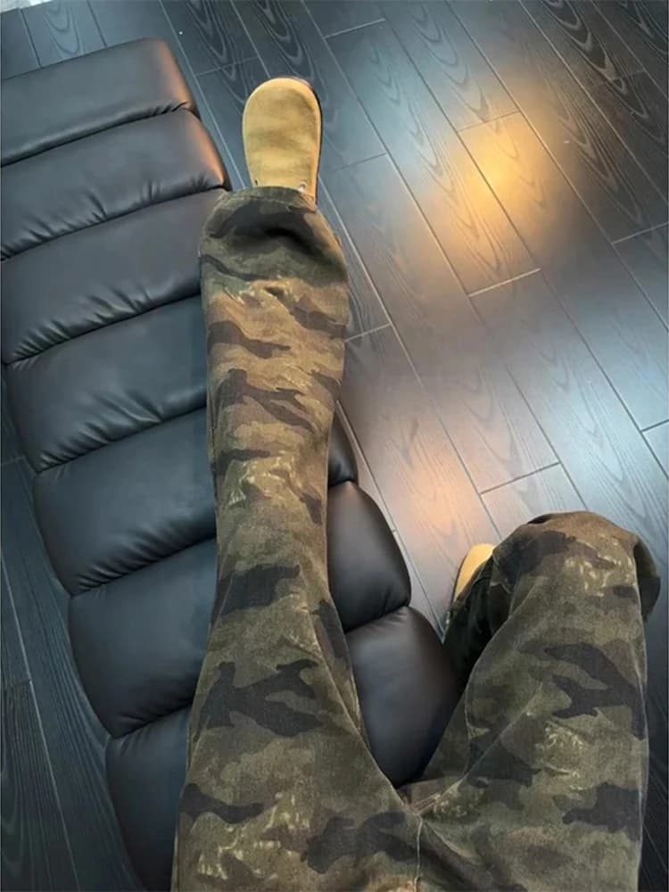 Jeans Bootcut da Uomo Cleanfit in Camouflage Felpato, Gamba Dritta Spessa Invernale, Stile American High Street, Vita Bassa con Chiusura a Zip