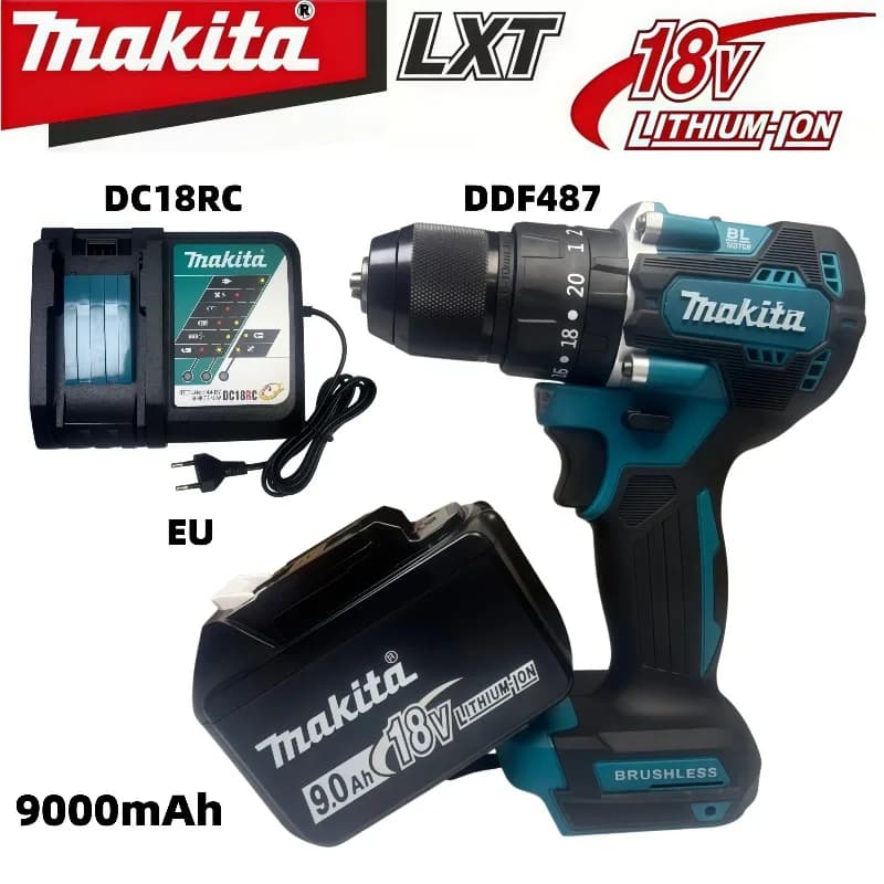 Makita 100% Original DDF487 18V Li-ion Rechargeable Hand Drill,9.0Ah Battery & Charger for Household Power Tools