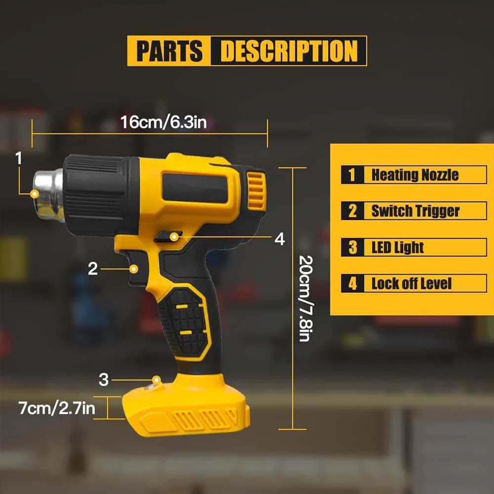 Adatto per pistola termica a batteria Dewalt 20V con 3 ugelli 550 ℃ Pistola ad Aria Calda per Imballaggio Termoretraibile 300W, Utensile Elettrico