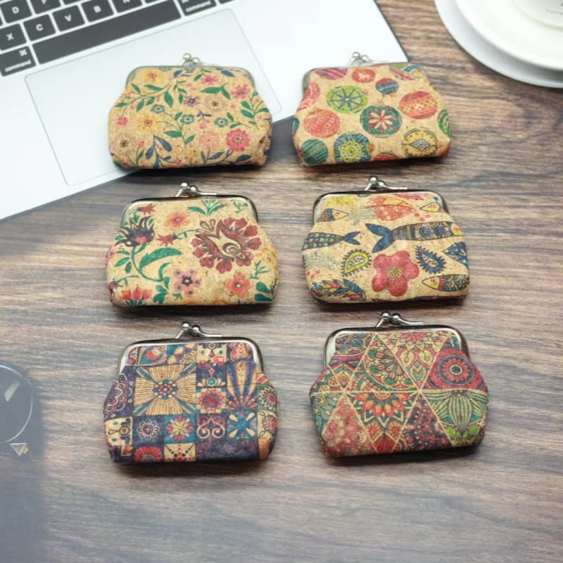 24pcs Coin Purses Retro Cork Leather Fish Geometry Printing Light Protable Hasp Wallet