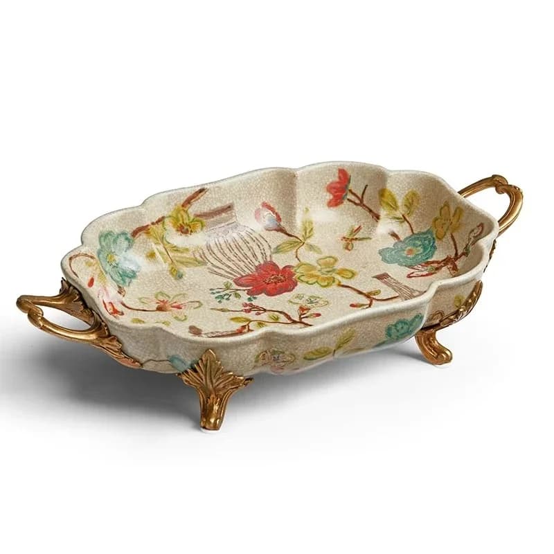 Vassoio Rettangolare in Ceramica con Manico in Ottone Dorato, Piatto Decorativo di Lusso per Frutta Secca, Design Moderno