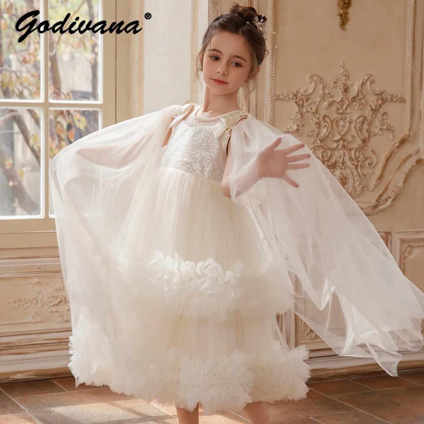 Sweet Baby Girls 2026 Summer New High-end Tulle Sequin Formal Princess Gown Kids Performance White Tulle Birthday Party Dress