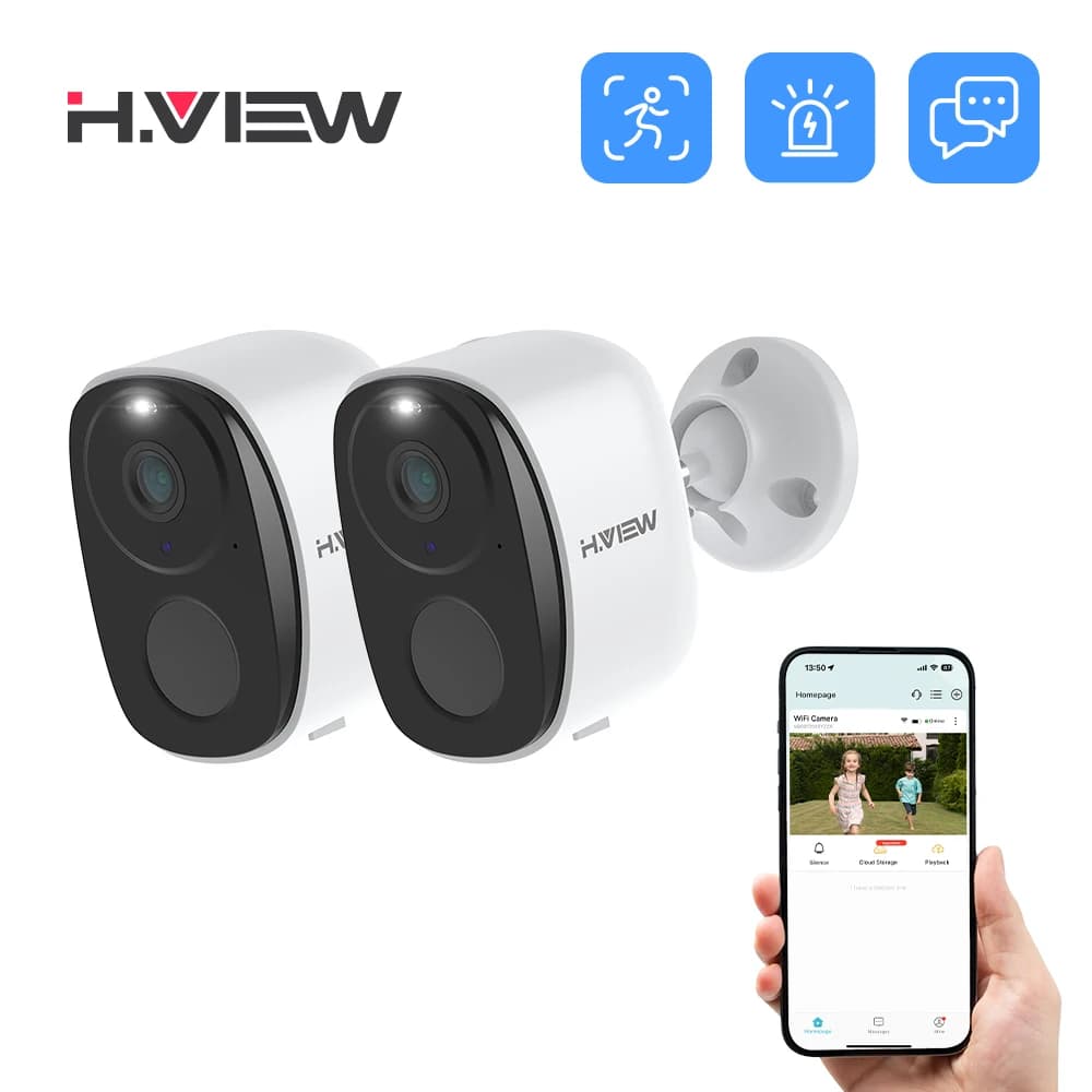 Telecamera H.VIEW PIR a batteria, wireless da esterno, 2K 3MP, telecamera di sicurezza WiFi con faretto e sirena, audio bidirezionale, impermeabile