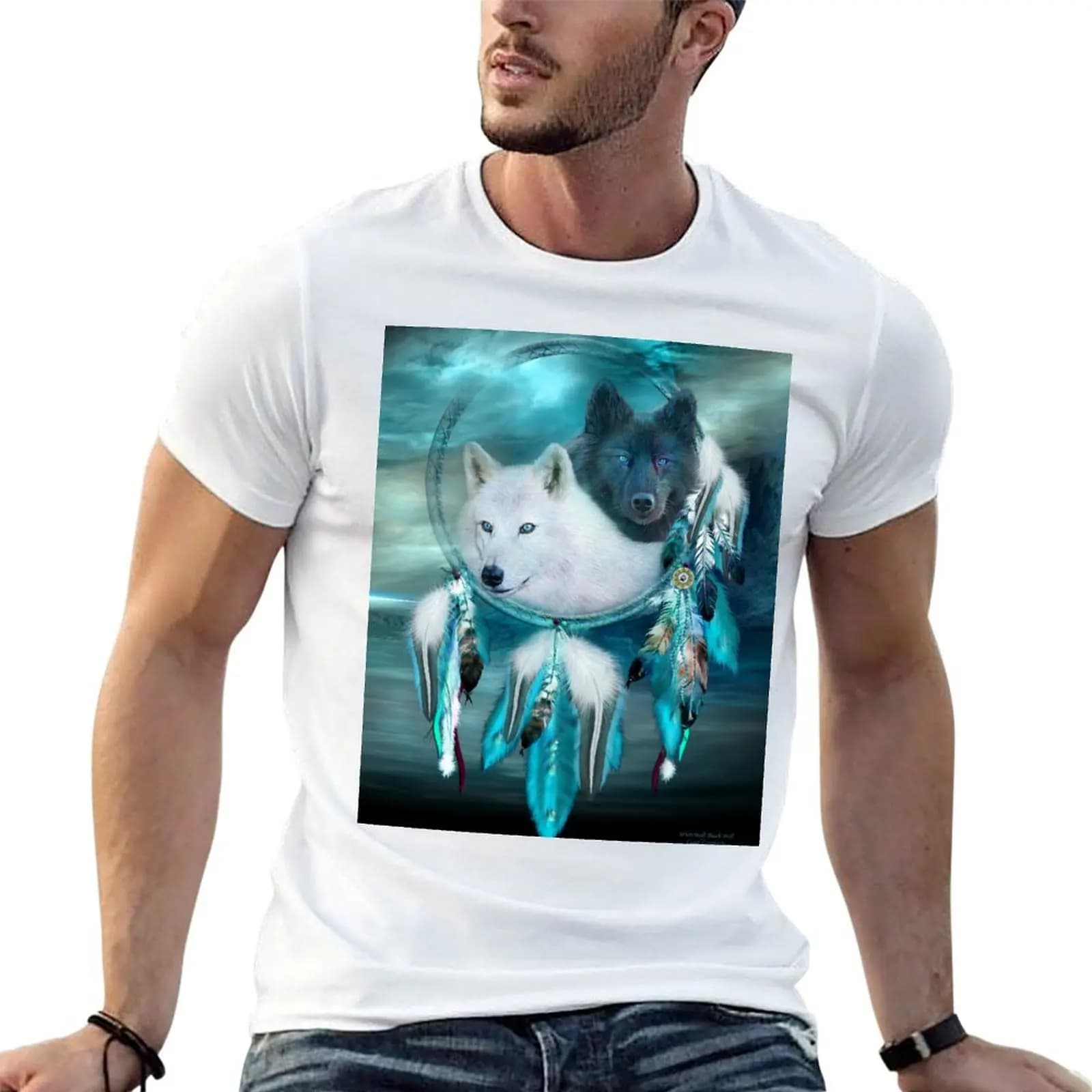 Dream Catcher White Wolf Black Wolf T-Shirt t shirt man luxury funny t shirts man funny t shirts cotton T-shirt