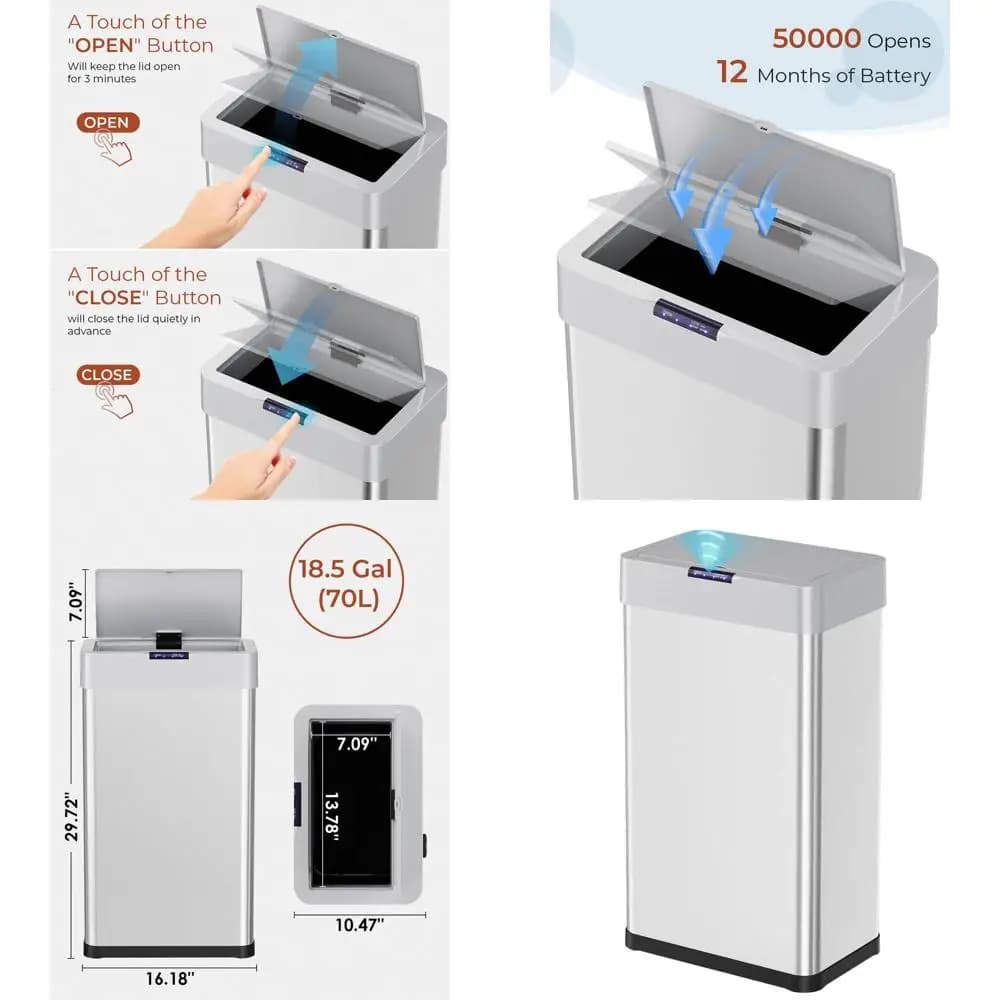 Cestino Automatico Senza Contatto da 70L (18,5 Galloni) con Coperchio, Bidone in Acciaio Inossidabile per Cucina, Ufficio, Camper e Casa