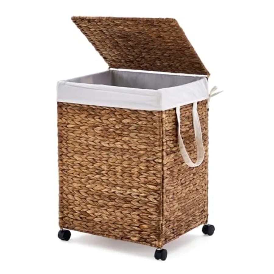 Cesto portabiancheria con coperchio e ruote, cesto portabiancheria in giacinto d'acqua naturale intrecciato a mano con sacchi interni rimovibili e base antiscivolo