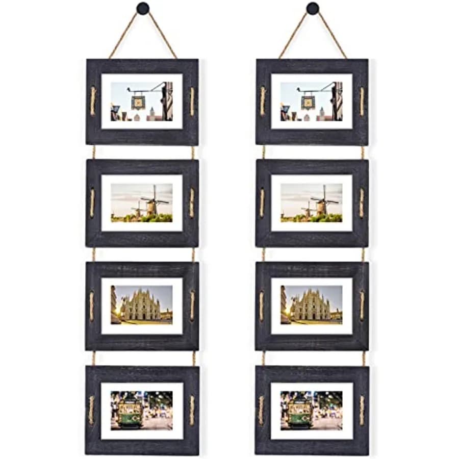5x7 Hanging Collage Picture Frames Wall Decor 4-Opening 5x7 Matted to 3.5x5 Photo Rustic Wood Frame with Hemp Rope 2 Pack