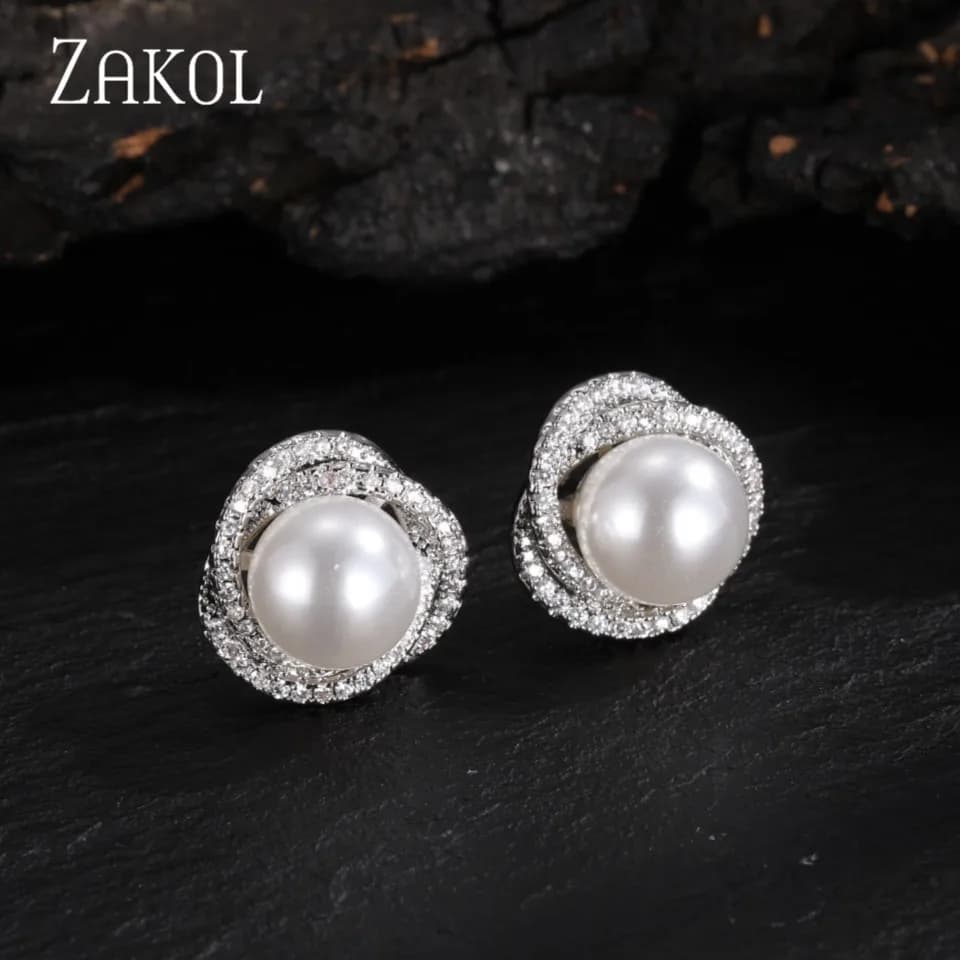ZAKOL Korea Imitation Pearl Leaf Stud Earrings for Women Fashion White Marquise Zircon Earring Wedding Dinner Party Jewelry