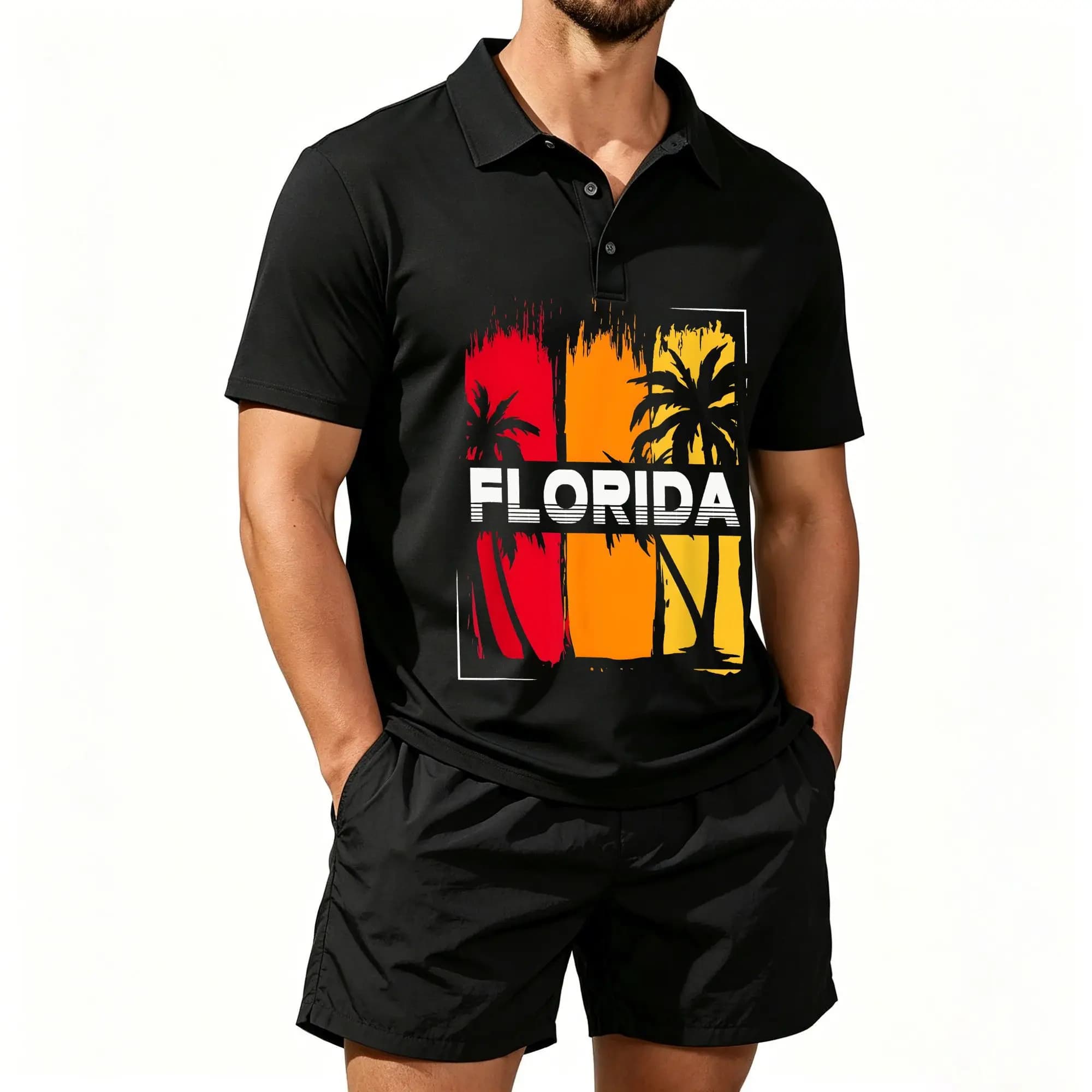 Men's Polo Shirt and Beach Shorts Two-Piece Set, Florida Miami South Beach Vacation Print, Casual and Versatile, Comfortable to Wear, Well-Tailored