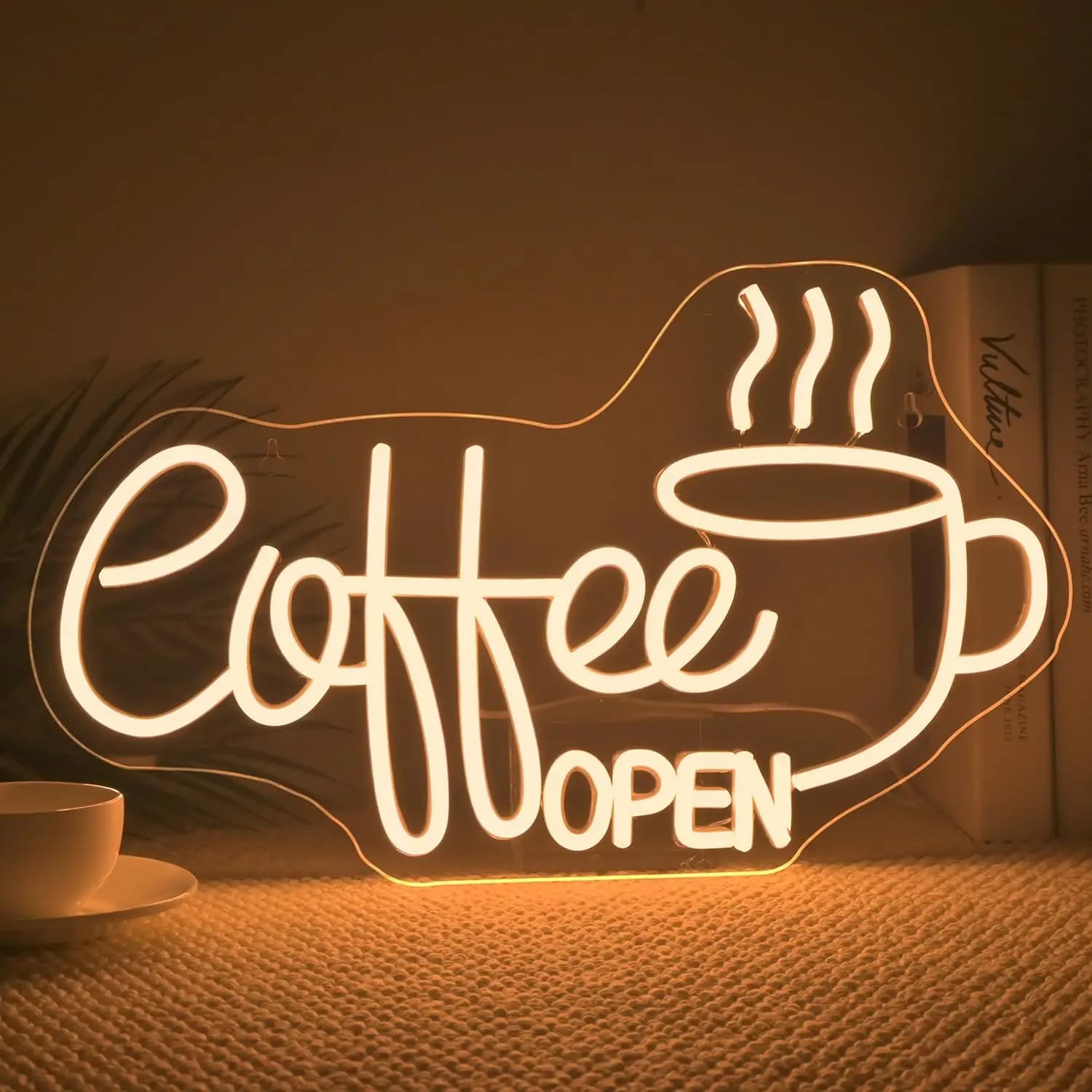 Insegna al neon aperta per caffè, insegna luminosa bianca calda, decorazione da parete per bar, caffetteria, ristorante aziendale, club, festa, grotta da uomo